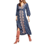 Free People Women's Blue Pink Embroidered Boho Maxi Dress XS V-Neck NWT $168