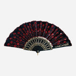 Spanish Black Red Embroidered Sequin Hand Fan 9.5" Artisan Decorative VG
