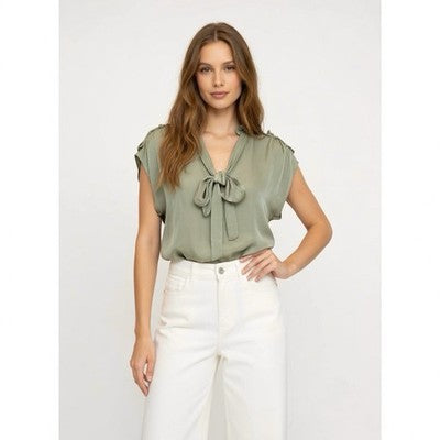 Vintage ESCADA 100% Silk Olive Green Sleeveless Pussybow Blouse Italian 44 VG
