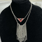 Southwestern Geometric Triangle Fringe Necklace Silver Tone Red Black White