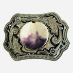 Vintage Western Belt Buckle Silver Tone Scroll Engraved Purple White Stone 3.75"