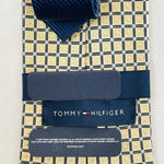 Tommy Hilfiger Men's Silk Tie Yellow & Navy Blue Grid Geometric Pattern Preppy