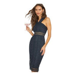 LULUS Dark Blue Lace Halter Sheath Midi Dress Sleeveless Size M NWT