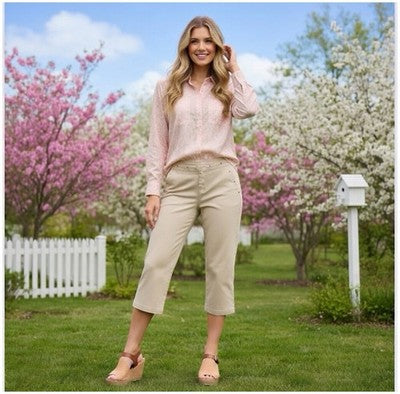 Hillard Hanson Women's Cropped Straight Leg Capri Pants 10 Tan Stretch NWT