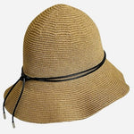 100% Linen Cloche Bucket Sun Hat Black Leather Cord Trim Tan Woven One Size VG