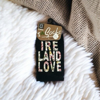 Robin Ruth Ireland Love Unisex Crew Socks Black Floral Print US 6-9 NWT