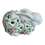 VNTG Flowered Bunny Figurine Easter Ceramic Rabbit Pink Rose White Rabbit Statue