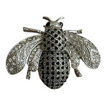 Vintage White Black Crystals Silver tone Bee Brooch 2”x1.5”