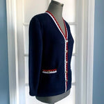 St John Knit Jacket Cardigan S M Vintage Button Front Blue Red White Luxury USA