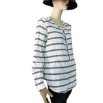 LOFT Softened Striped Henley Shirt Size L White Navy Blue Stripe Cotton VG
