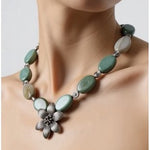 Chunky Turquoise White Stone Beaded Necklace Silver Flower Pendant 18" NWOT