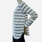 LOFT Softened Striped Henley Shirt Size L White Navy Blue Stripe Cotton VG