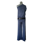 Women’s One Sleeve Velvet Jumpsuit Dark Blue Black Satin Rope Romper Size S
