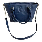 Tory Burch Thea Navy Blue Pebbled Leather Convertible Tote Shoulder Bag Chain VG