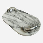 Vintage Arthur Court Marble Oval Serving Tray Figural Pig Aluminum Handle 13x7.5