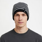 CRP Black Gray Striped Rib Knit Beanie Hat Adult One Size Wool Blend Unisex VG