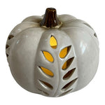 Gray Ceramic LED Light Up Pumpkin Lantern Leaf Cutout Fall Halloween Decor 9x6.5
