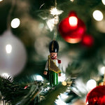 Vintage Wood Toy Soldier Harp Player Christmas Ornament Green 1.5x3.75" VG