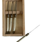 Vintage Laguiole French Cheese/Spreader Knives Set of 4 Wood Box Ivory Handle VG