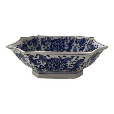 Vintage Blue White Botanical Floral Porcelain Bowl Fine China 9" Marked EXC