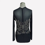 Boston Proper Black Mesh Leotard Bodysuit M Gold Floral Embroidery Long Sleeve