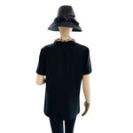 TRINA TURK Womens Top L Black Gold Embellished Pointed Flat Collar Short Sleeve