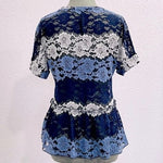 Eva Franco Peplum Top M Striped Lace Floral Short Sleeve USA Made Excellent