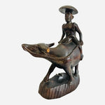 Vintage Hand Carved Wooden Water Buffalo With Man Riding Animal Statue Ashtray