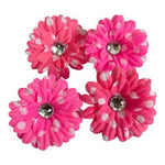 Pink & White Polka Dot Fabric Flower Appliques 4pc DIY Craft 2.25in New DIY