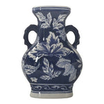 Vintage Cobalt Blue White Porcelain Vase 10" Two Handle China Leaf Pattern VG