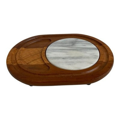 Vintage Dolphin Teakwood Marble Cheese Board Serving Tray 11.5x8.75in VG
