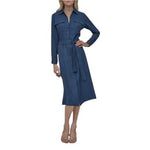 DKNY Denim Blue Long Sleeve Belted Midi Shirtdress Cotton Robe Dress Size 6