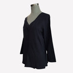 Geoffrey Beene Black Silk Stretch V-Neck Sweater Lace Trim Button Front Top M