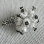 Silver White Beaded Flower Ring Adjustable One Size Fits Any Jewelry