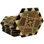 Vintage Set of 6 Geometric Pinwheel Wood Inlay Lacquer Marquetry Coaster Hexagon