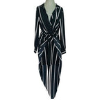 Boston Proper Black White Striped Wrap Tie Waist Dress Women’s Maxi Dress M EXC