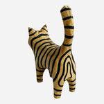 Artisan Carved Wooden Beige Black Striped Folk Art 4.5" Cat Figurine