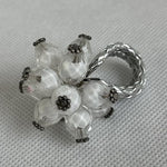 Silver White Beaded Flower Ring Adjustable One Size Fits Any Jewelry