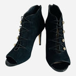WHBM Peyton Black Suede Stiletto Peep Toe Ankle Bootie Gold Detail Size 7M VG