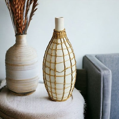 Tall White Ceramic Rattan Woven Vase 17" Scandinavian Style Decorative Floral VG