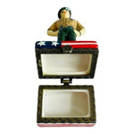 Rare Porcelain Hinged Trinket Box USA Military Soldier American Flag Vintage NIB