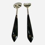 Mid Century Modern Stainless Steel Salad Serving Set Black Handles Vintage