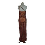Vintage Scala 100% Silk Beaded One Shoulder Gown Copper Brown Maxi Dress L NWT