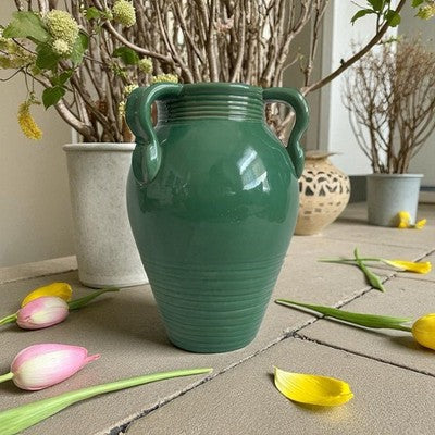 Large Chinese Green Glazed Ceramic Vase Jar Three Handles 7.5"x10.5" New