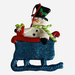 Vintage Resin Snowman in Blue Glitter Sleigh Christmas Ornament 3.5x4.5" VG