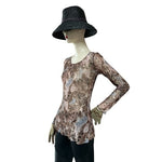 ROSSO PICANTE Womens Top S Brown Grey Animal Print Sheer Stretch Crewneck Blouse