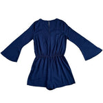 JUSTFAB Women's Navy Blue Bell Sleeve Romper Sz L Rayon Crewneck Button Back NWT