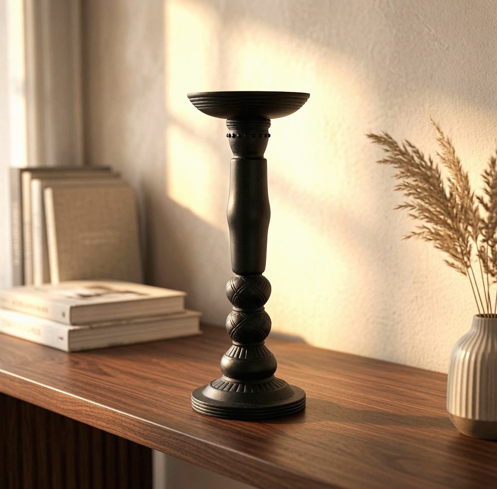 Black Ceramic Pillar Candle Holder Turned Column Design 10in VG  Elegant