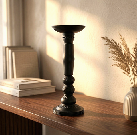 Black Ceramic Pillar Candle Holder Turned Column Design 10in VG  Elegant