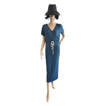 Sarin Mathews Women's Blue Cotton V-Neck Maxi Dress L Short Sleeve Beach NWT